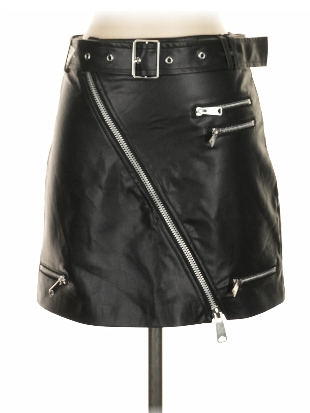 Zara Black Faux Leather Belted Mini Skirt with Silver Zips